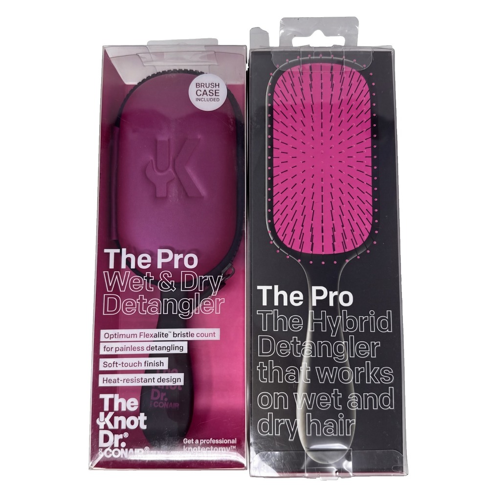 2 Pack Conair Wet Dry Hair Detangler Brush Knot Doctor Pink Case Heat Resistant